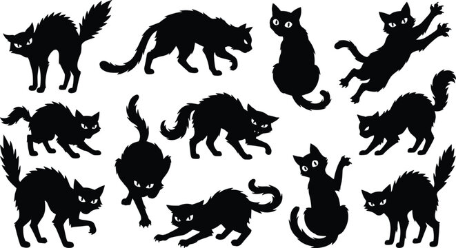 Halloween black cat silhouette icon set featuring spooky frightened cats with arched backs creeping jumping sitting and playing vector elements collection