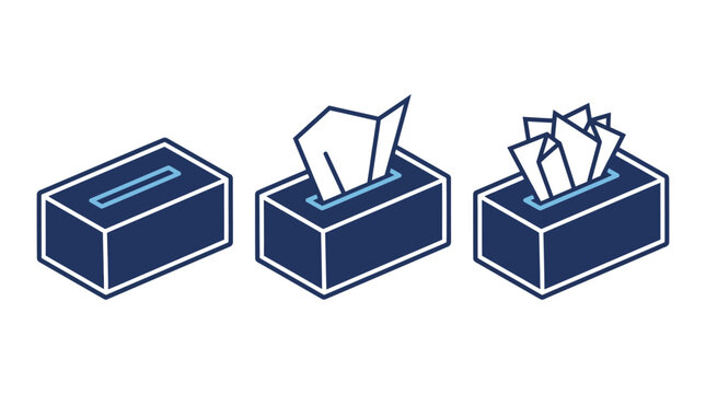 Isometric vector icons of tissue boxes showing step-by-step usage concept