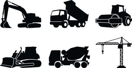 Heavy construction machinery and building vehicle icon set featuring crawler excavator tipper dump truck road roller bulldozer concrete cement mixer truck and tower crane vector © Rakib