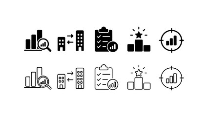 Fototapeta premium Business Data Analysis and Strategy Icon Set in Silhouette and Outline Vector