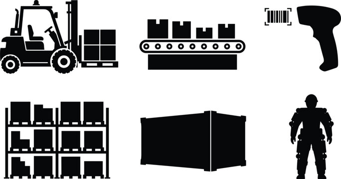 Industrial warehouse automation and smart logistics silhouette icon set featuring forklift truck conveyor belt barcode reader pallet racks shipping container and exoskeleton suit vector
