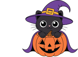 Fototapeta premium Cute black cat wearing witch hat sitting in pumpkin