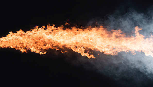 A horizontal stream of intense orange flames rolling across a black background with smoke.