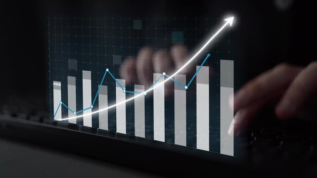 A close-up of a hand interacting with a digital graph on a screen, illustrating business growth and financial performance through data analysis and visual metrics. Copula