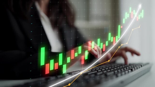 A finance professional analyzes stock market trends using a computer. The image displays a vibrant candlestick graph indicating growth and investment strategies. Copula