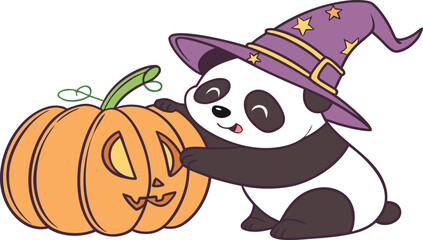Cute panda bear wearing a witch hat with a pumpkin © Riddhi