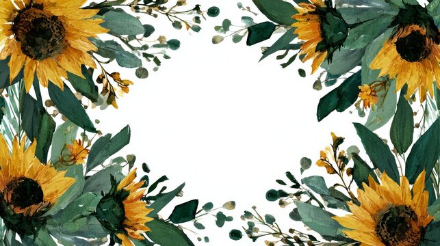 24.Sunflower wreath-like frame with lush greenery, blossoms positioned along sides and corners, intricate petal and leaf texture, bright and optimistic aesthetic, light center area for message