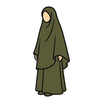 Faceless Muslim woman standing in long green khimar hijab illustration
