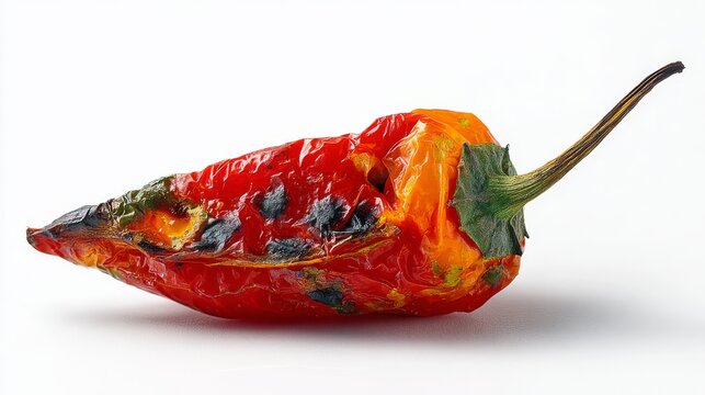 32.Closeup of roasted chili pepper with blackened spots from grilling, wrinkled surface and slightly split skin revealing juicy interior, clean white backdrop, subtle shadow beneath pepper, high