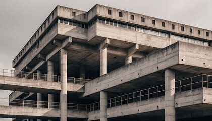 Fototapeta premium Brutalist architecture building with elevated walkways and concrete columns against overcast sky.