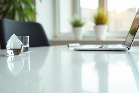 Modern office desk setup with sleek laptop glass of water decorative crystal drop and blurred green plants by bright window interior workspace design