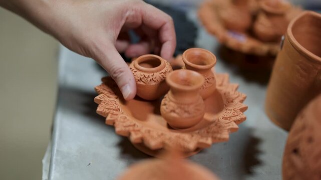 Artisan Placing Miniature Hand Carved Thai Pottery on Display