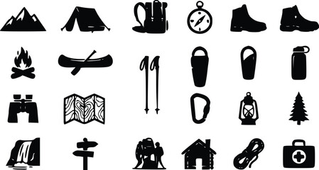 Set of black camping and hiking icons featuring mountain tent backpack boots campfire canoe poles compass map binoculars lantern tree and gear © Nimy_