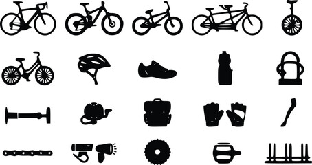 Set of black bicycle icons and cycling gear silhouettes including road bikes mountain cycles helmets shoes gloves and various bike repair tools © Nimy_