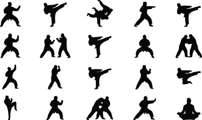 Set of black silhouettes showing people practicing martial arts karate and judo moves with various kicks punches and fighting stances for sports design © Nimy_