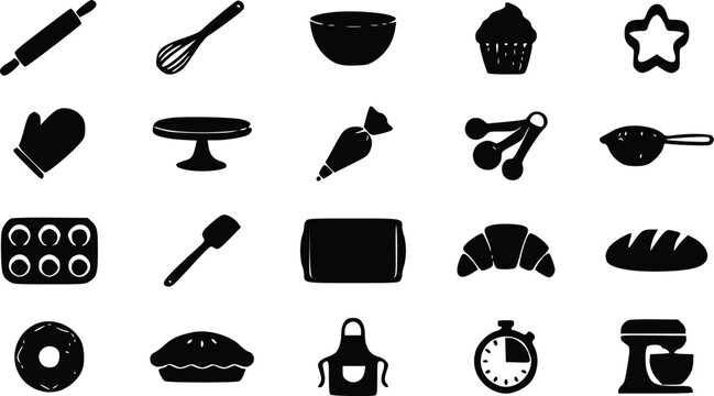 Set of black silhouette kitchen icons featuring baking tools and delicious pastry food items for professional cooking and home bakery designs