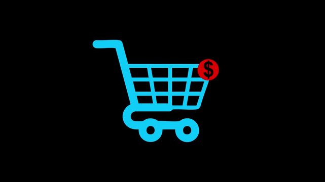 A bright blue shopping cart icon on a black background featuring a red circular badge with a white dollar sign, representing a paid item or pricing.