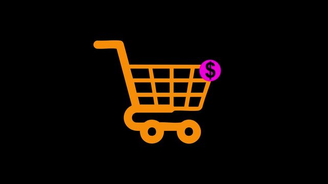 A bright blue shopping cart icon on a black background featuring a red circular badge with a white dollar sign, representing a paid item or pricing.