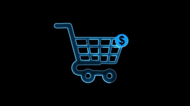 These icons show shopping carts in blue or pink neon with a red dollar sign badge, symbolizing priced items, paid status, or financial costs within a digital store.