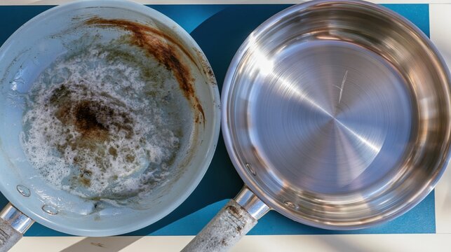 Dirty greasy frying pan next to a clean polished stainless skillet to show a before and after comparison for kitchen maintenance and household cleaning