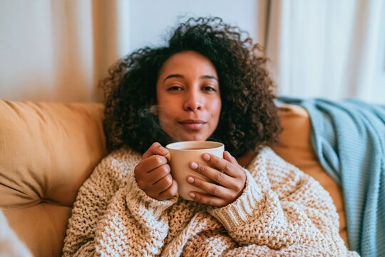 Young woman relaxing with a steaming mug on a cozy sofa at home, wearing a chunky knit sweater for winter lifestyle and comfort concepts