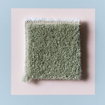 A soft spring green carpet swatch with visible pile and woven backing on a pastel cream surface, for interior design and textile cataloging