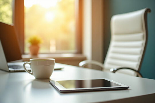Modern office desk setup with white chair tablet computer laptop and coffee cup near window with sunlight in bright workspace