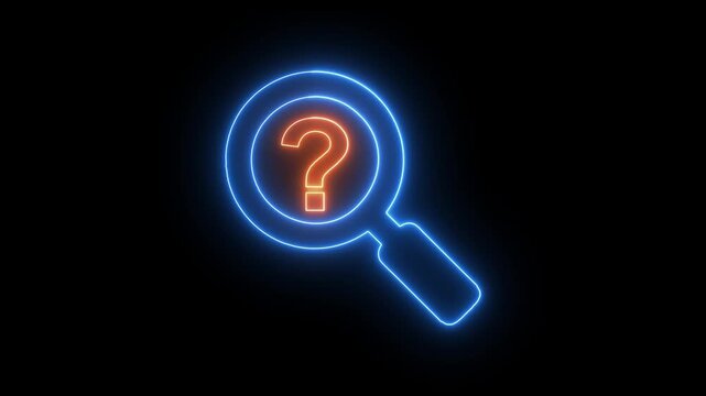 Glowing neon-style illustration of a magnifying glass with a question mark inside, set against a dark background. The bright blue light effect symbolizes search, inquiry, investigation, discovery,