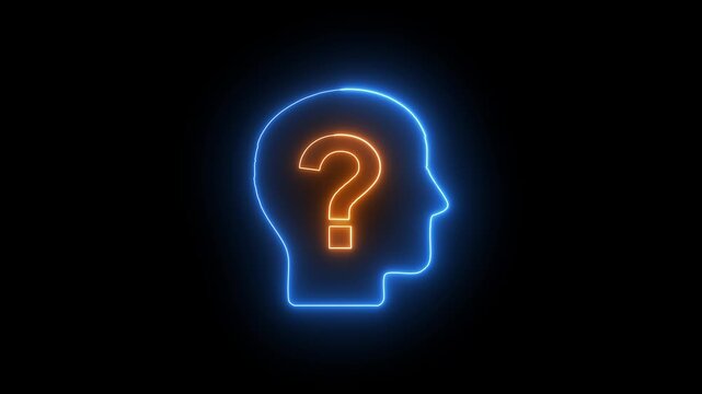 a human profile silhouette with a glowing green question mark inside the head, outlined in neon blue. This represents psychology, curiosity, decision-making