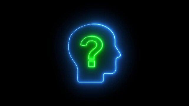 a human profile silhouette with a glowing green question mark inside the head, outlined in neon blue. This represents psychology, curiosity, decision-making
