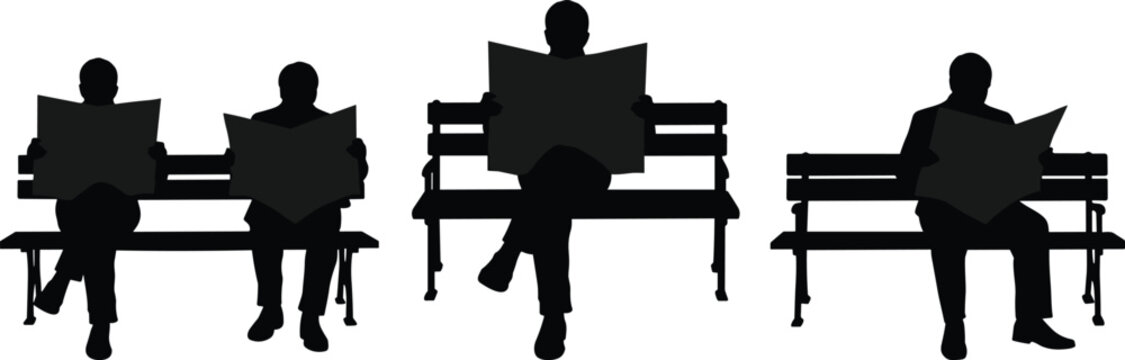 People Reading Newspaper on Park Bench Silhouette Collection Vector Illustration for Daily News and Leisure