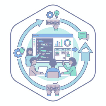 Agile software development lifecycle diagram with team collaboration icons.