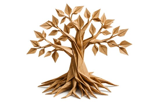 Origami Tree with Folded Paper Branches Growth and Roots Concept Isolated on White Background