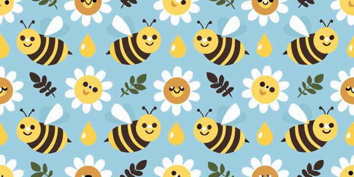 Bee and daisy floral ornament repeating vector pattern on blue background