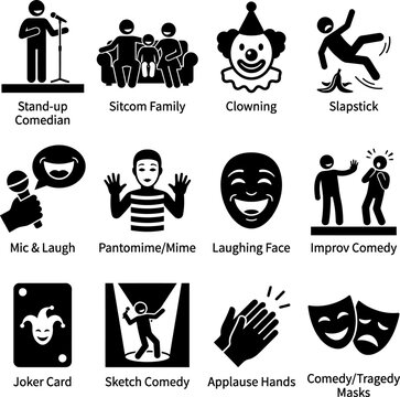 Comedy show vector icons, depicting stand-up comedian, sitcom family, clowning, slapstick, mic and laugh, pantomime mime, laughing face, improv comedy, joker card, 