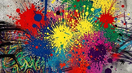 Fototapeta premium Vibrant abstract paint splatters and colorful splashes background with street art graffiti style elements