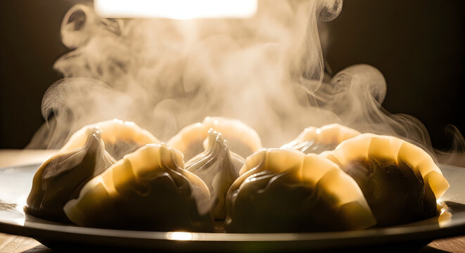 Freshly steamed dumplings served on a plate with rising steam in dark background