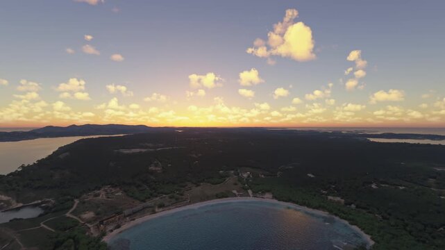 Sunset aerial shot of Half Moon Bay Beach in Freetown. Antigua and Barbuda