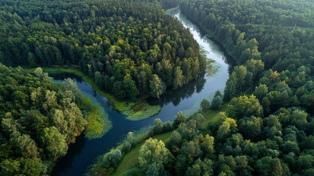 River flowing through lush green forest in tuchola natural park, scenic aerial landscape with pristine woodland, crystal clear waterway, protected nature reserve, peaceful wilderness, summer environme