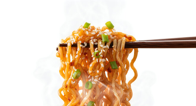 Delicious instant noodles being lifted with wooden chopsticks isolated on a white background