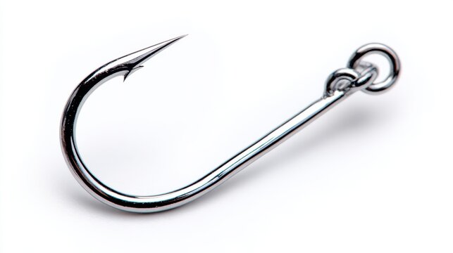 Shiny chrome fishing hook with eye ring on white background, 3D render