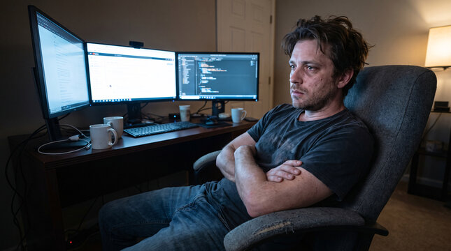Slouched Man Leaning Back in Chair Facing Computer
