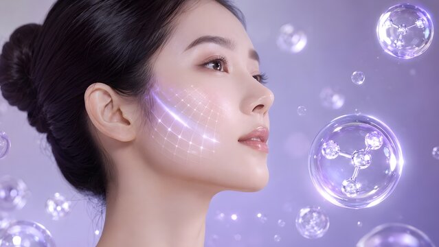 Asian woman with glowing porcelain skin, lifting grid, and molecular bubbles