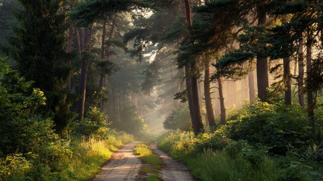forest, road, nature, trees, woodland, scenic, landscape, morning, sunrise, sunlight, golden, green, lush, trail, path, countryside, rural, travel, journey, adventure, outdoors, wilderness, serenity, 
