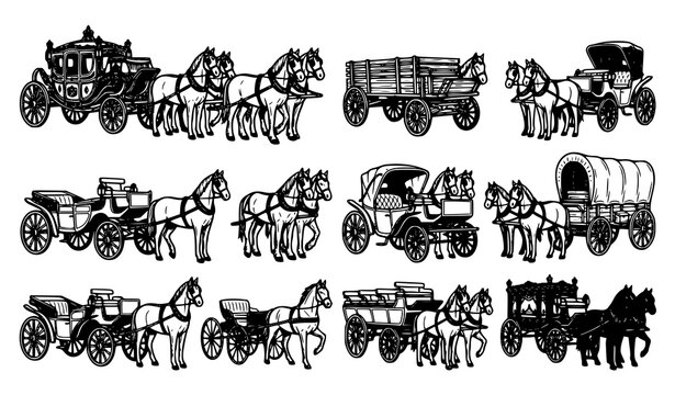 Set of ten horse drawn carriages wagons and coaches vintage transportation hand drawn black and white vector line art