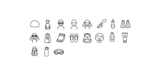 Icon set collection of swimming equipment and accessories line art vector icons for water sports and recreation activities. © Raka Firdaus 