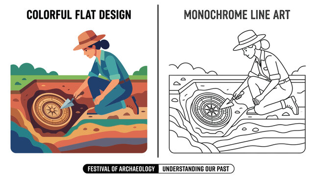 Archaeologist Digging, Flat Design vs Line Art Comparison