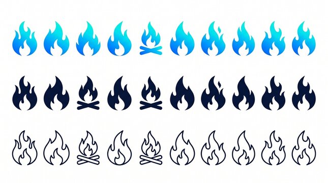 Collection of blue gradient black solid and outline fire flame bonfire icons set isolated on white background, perfect for user interface design, mobile app development and logo branding
