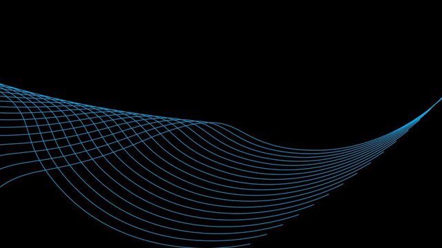 Abstract Blue Sound Wave Grid on Black Background, Futuristic Digital Audio Waveform, Wireframe Frequency Spectrum, Technology Data Flow, Dynamic Communication Signal Background
