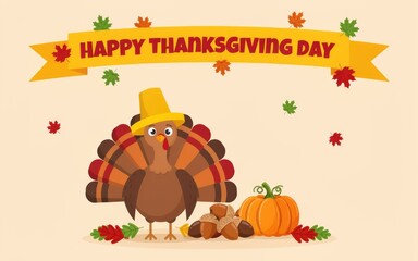 Fototapeta premium Cute cartoon turkey wearing a pilgrim hat celebrating the festive holiday of thanksgiving day with pumpkins